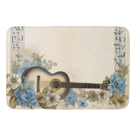 Tapis De Bain Notes de musique de guitare bleue Fleurs