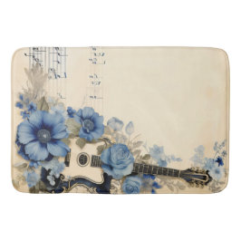 Tapis De Bain Notes de musique de guitare bleue Fleurs