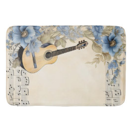 Tapis De Bain Notes de musique de guitare bleue Fleurs
