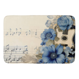 Tapis De Bain Notes de musique de guitare bleue Fleurs