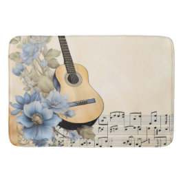 Tapis De Bain Notes de musique de guitare bleue Fleurs