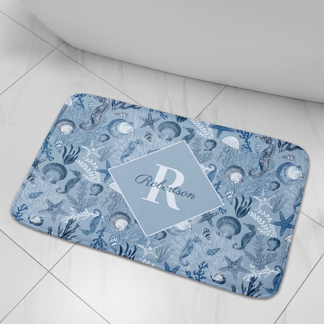Tapis De Bain Océan bleu Vie marine Monogramme Côté (Créateur téléchargé)