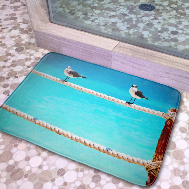 Tapis De Bain Oiseaux de plage de mer turquoise photo côtière (Créateur téléchargé)