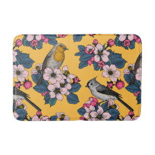 Tapis De Bain Oiseaux et fleurs sur le jaune