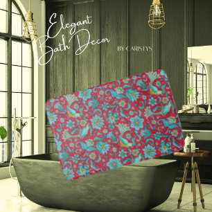 Tapis De Bain Oiseaux, Florales, Bleus, Rouge