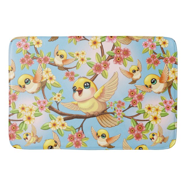 Tapis De Bain Oiseaux mignons et heureux parmi les fleurs du pri (Devant)