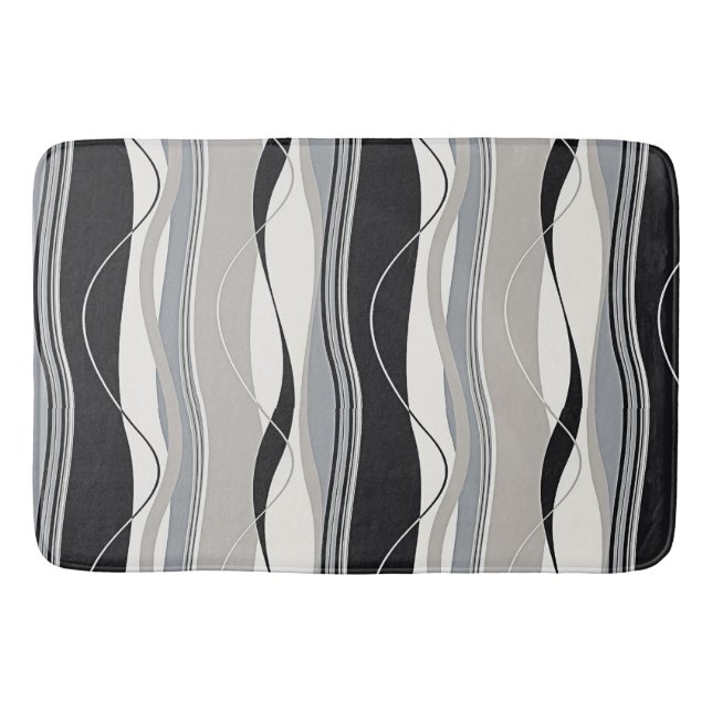 Tapis De Bain Ondulant des vagues gris et blanc noirs (Devant)