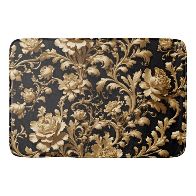 Tapis De Bain Opulence élégante : Fleurs noires et or flamand (Devant)