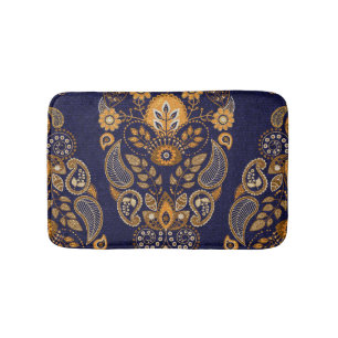 Tapis De Bain Or et bleu, motif sans couture fleurie.