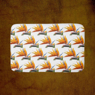 Tapis De Bain Orange Bird of Paradise Plante Motif en blanc