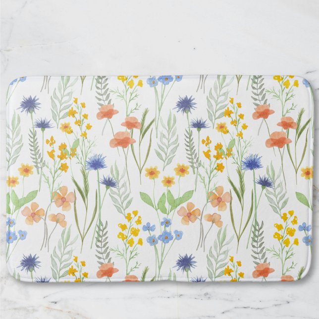Tapis De Bain Orange Yellow Blue Watercolor Wildflower (Créateur téléchargé)