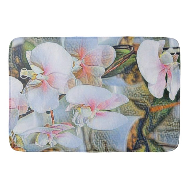 Tapis De Bain Orchidées blanches roses fleurs aquarelle (Devant)