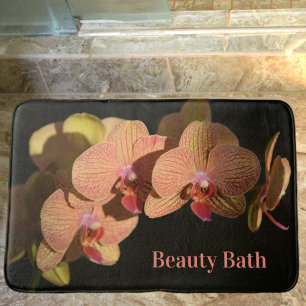 Tapis De Bain Orchidées Coral rose Photographie Floral Noir