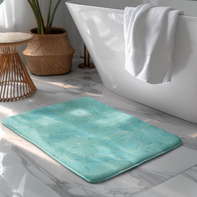 Tapis De Bain Palme tropicale bleu clair motif feuille (Créateur téléchargé)