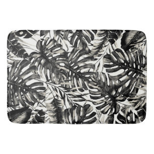 Tapis De Bain Palme tropicale noire & blanche Feuille Island Chi