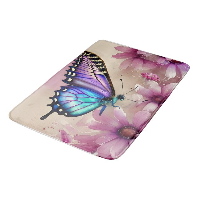 Tapis De Bain Papillon bleu étonnant et fleurs roses (Angle)