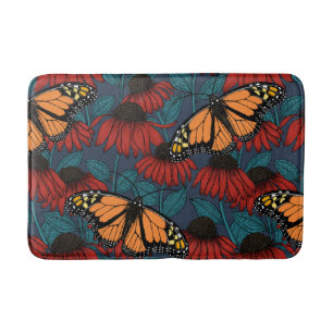 Tapis De Bain Papillon monarque sur des fleurs rouges