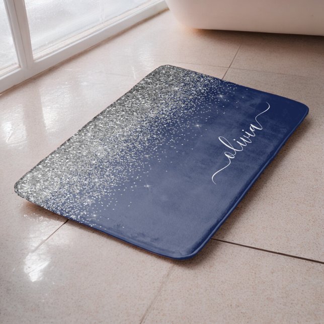 Tapis De Bain Parties scintillant bleue Silver Navy Girl Monogra (Créateur téléchargé)