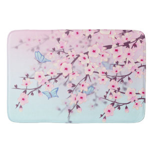 Tapis De Bain Paysage de fleurs de cerisiers bleu ciel rose