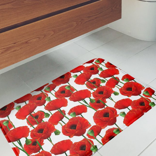 Tapis De Bain Pépites rouges modèle floral (Red Poppy Pattern Bath Mat)