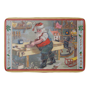 Tapis De Bain Père Noël dans son atelier, Joyeux Noël,