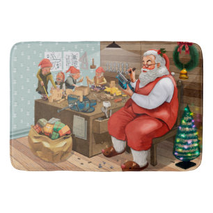 Tapis De Bain Père Noël Et Elfes Fabriquent Des Jouets   Noël