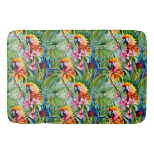Tapis De Bain Perroquets de couleurs vives et fleurs tropicales