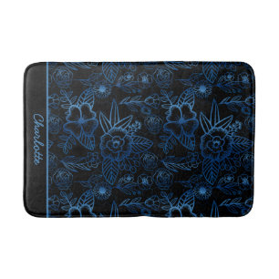 Tapis De Bain Personnalisé floral continu motif bleu noir