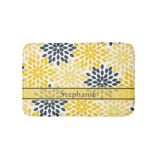 Tapis De Bain Personnalisé Jaune, Gris Charbon Moderne Floral (Devant)