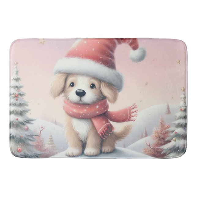 Tapis De Bain Petit chiot de Noël en chapeau santa (Devant)
