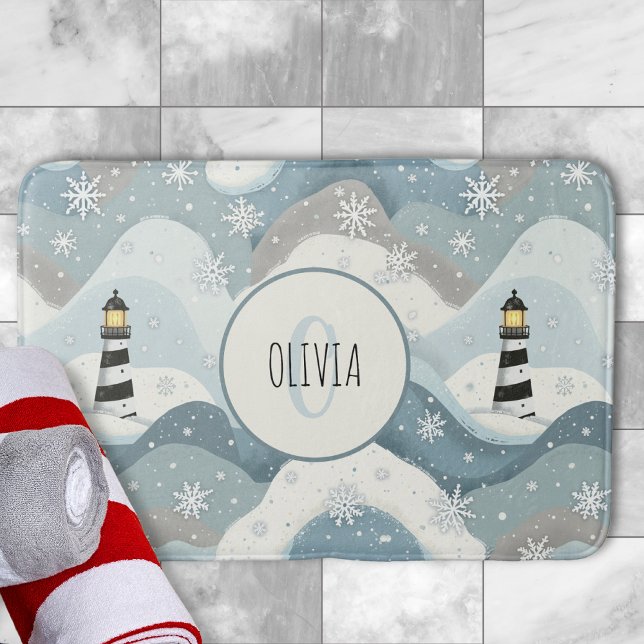 Tapis De Bain Phare avec Vagues Icy Hiver Monogramme Nautique (Créateur téléchargé)