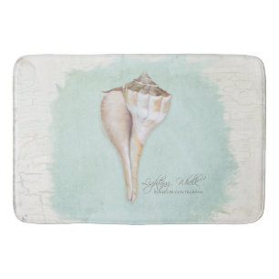 Tapis De Bain Plage Nautique Shell Aquarelle Bleu Blanc