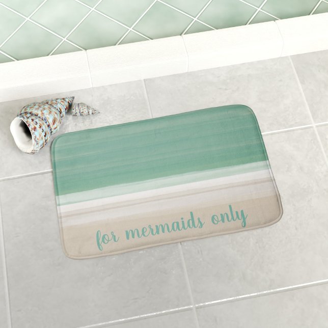 Tapis De Bain Plage Océanique Moderne Uniquement Pour Les Sirène (A turquoise and sand bath mat with coastal vibes. Add text or name. Available in 3 sizes - S, M & L)