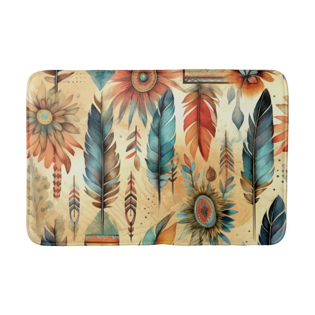 Tapis De Bain Plumes bleues de la tribu Aztec Boho (Devant)