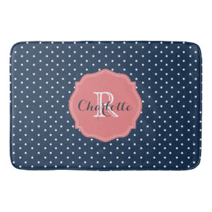 Tapis De Bain Pois mignon de bleu marine et monogramme de corail