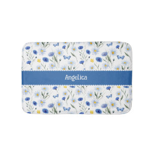 Tapis De Bain Prairie de Fleurs Sauvages Aquarelle Bleue Nom