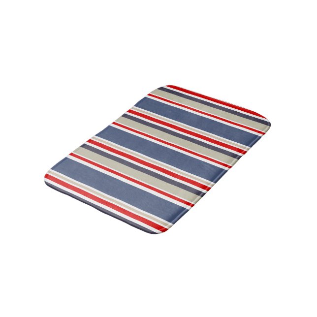 Tapis De Bain Preppy Maritime Stripe Rouge Blanc Bleu Gris Beige (Angle)