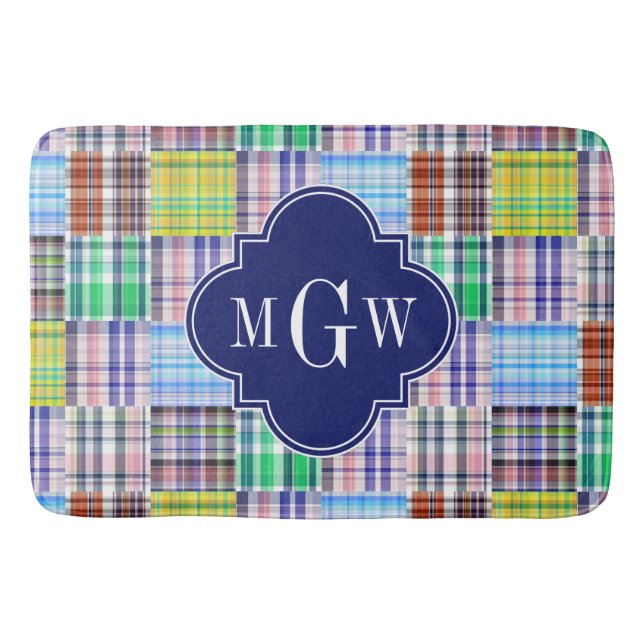 Tapis De Bain Preppy Patchwork Madras Navy Quatrefoil Monogramme (Devant)
