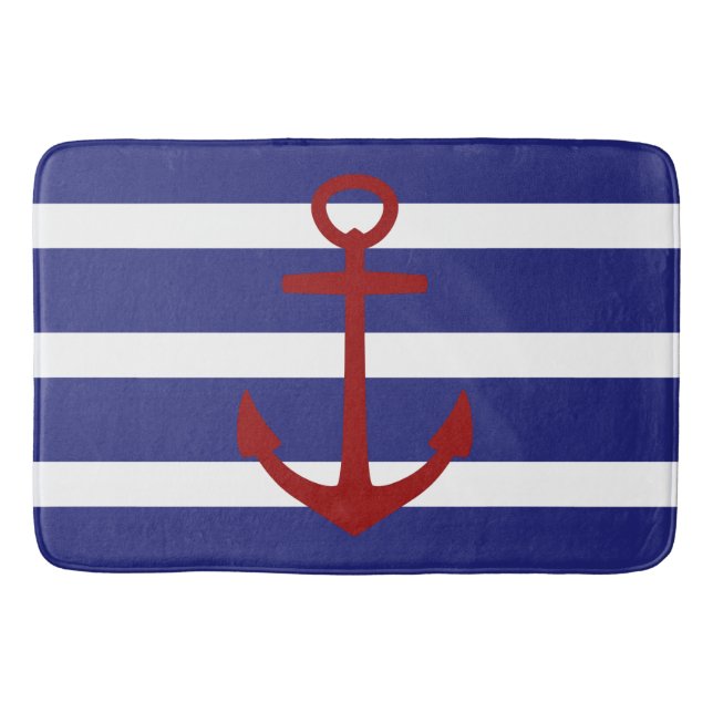 Tapis De Bain Rayure bleue et blanche nautique avec l'Ancre (Devant)