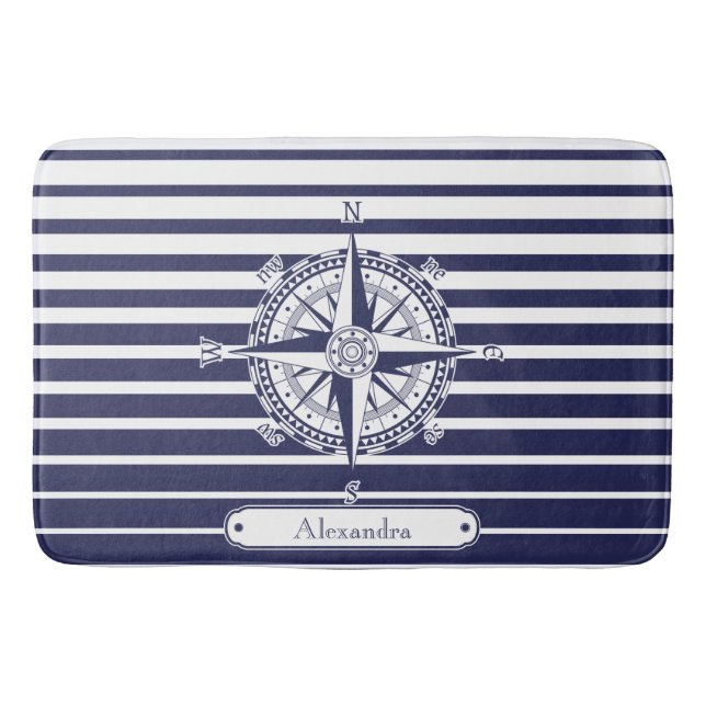 Tapis De Bain Rayures bleues de rose de boussole (Devant)