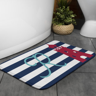 Tapis De Bain Rayures côtières bleues Monogramme Phare Rouge