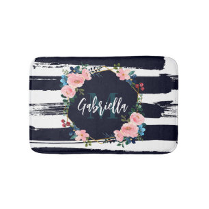 Tapis De Bain Rayures Et Monogramme De Cadre Floral