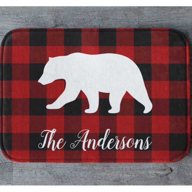 Tapis De Bain Red Buffalo Plaid & Bear | Nom personnel Cadeau (Créateur téléchargé)