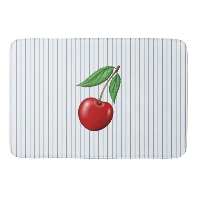 Tapis De Bain Red Cherries on Blue Stripes Pattern (Devant)