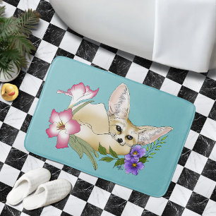 Tapis De Bain Renard Fennec Fleurs Roses Mignon Bleu Botanique