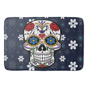 Tapis De Bain Rétro crâne bleu de sucre de fleur blanche de
