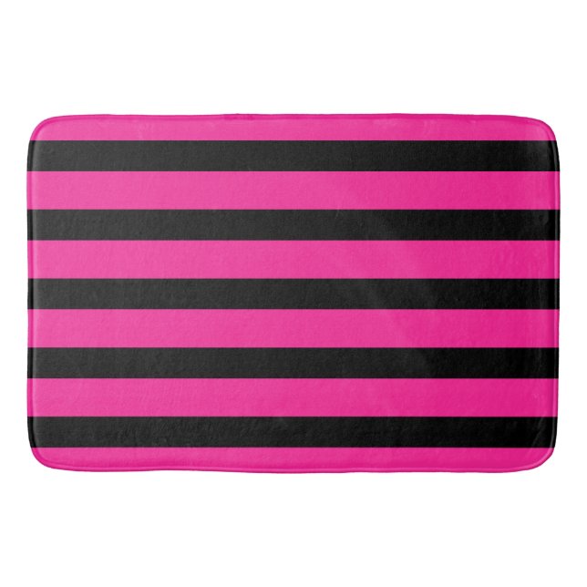 Tapis De Bain Rose Chaud & Rayures de Mode Noir (Devant)