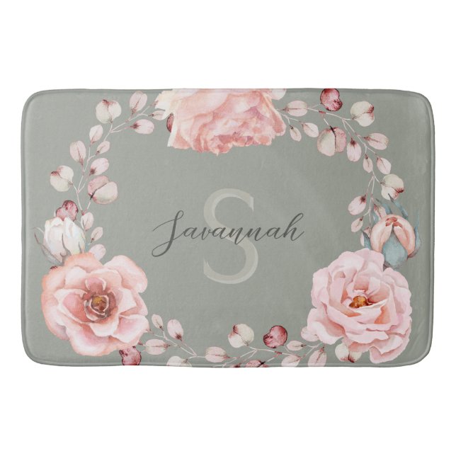 Tapis De Bain Rose d'aquarelle Wreath personnalisée | Vert sage (Devant)