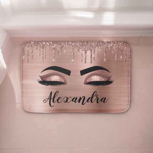 Tapis De Bain Rose Gold Glitter Sparkle Eyelashes Monogram (Créateur téléchargé)