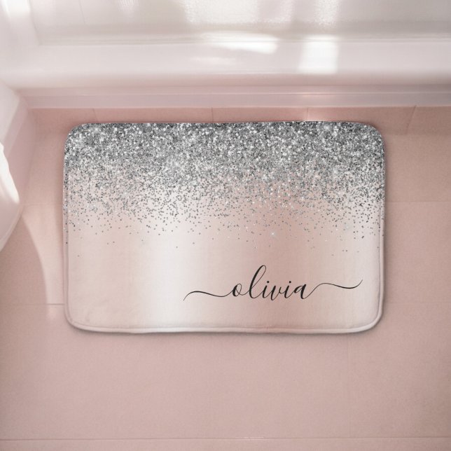Tapis De Bain Rose Gold - Rose Pâle Pailleté Argent Monogramme (Créateur téléchargé)